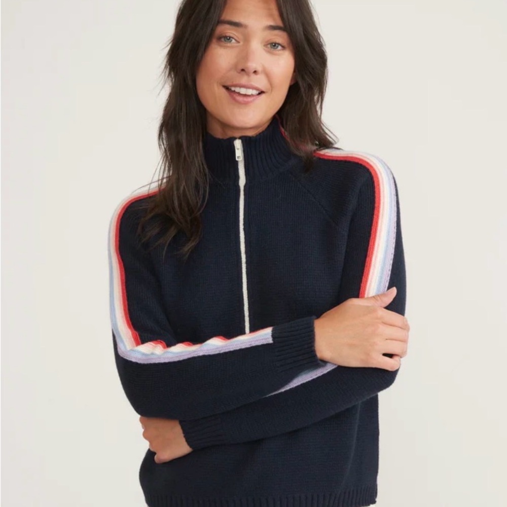 Marine Layer Archive Snowbird 1/4 Zip Navy Sweater with Colorful Stripes